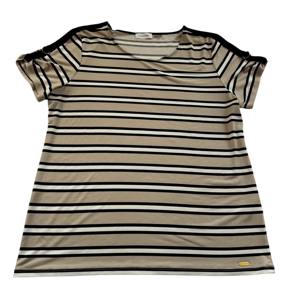 Calvin Klein Women's Tan Black Striped Pullover Blouse XL